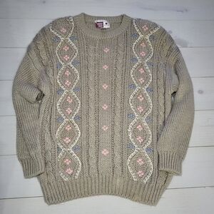 Vintage Plus Size Sweater Cable Knit Cottagecore Floral Grandmacore.